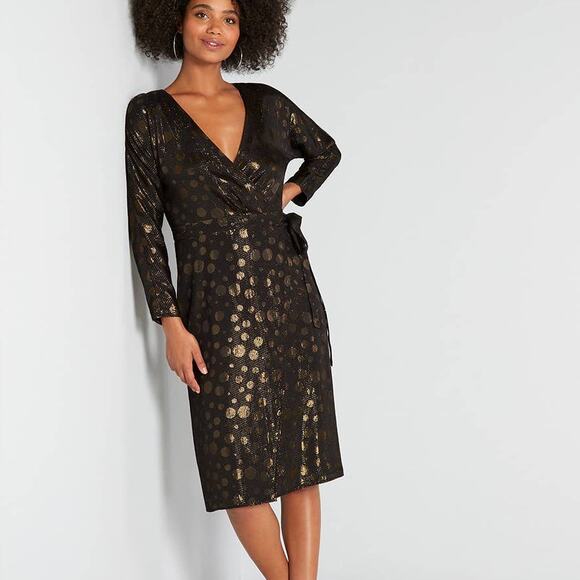 NEW Modcloth Golden Record Party Wrap Dress Black - Picture 2 of 14